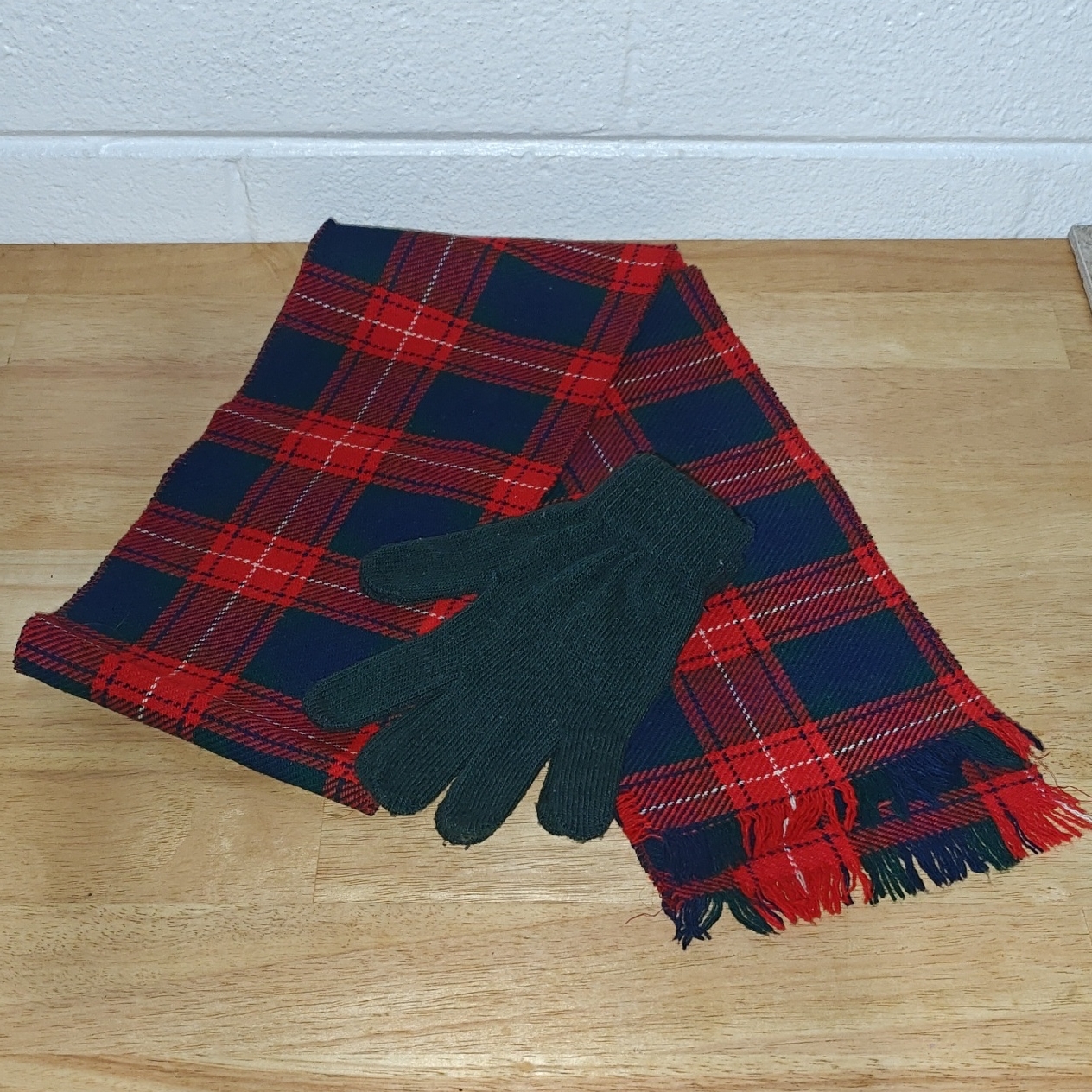 Plaid Red Green And Blue Scarf With Green Gloves